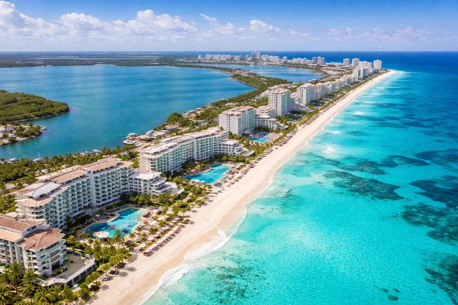 Vista aérea de la zona hotelera de Cancún y el mar Caribe turquesa