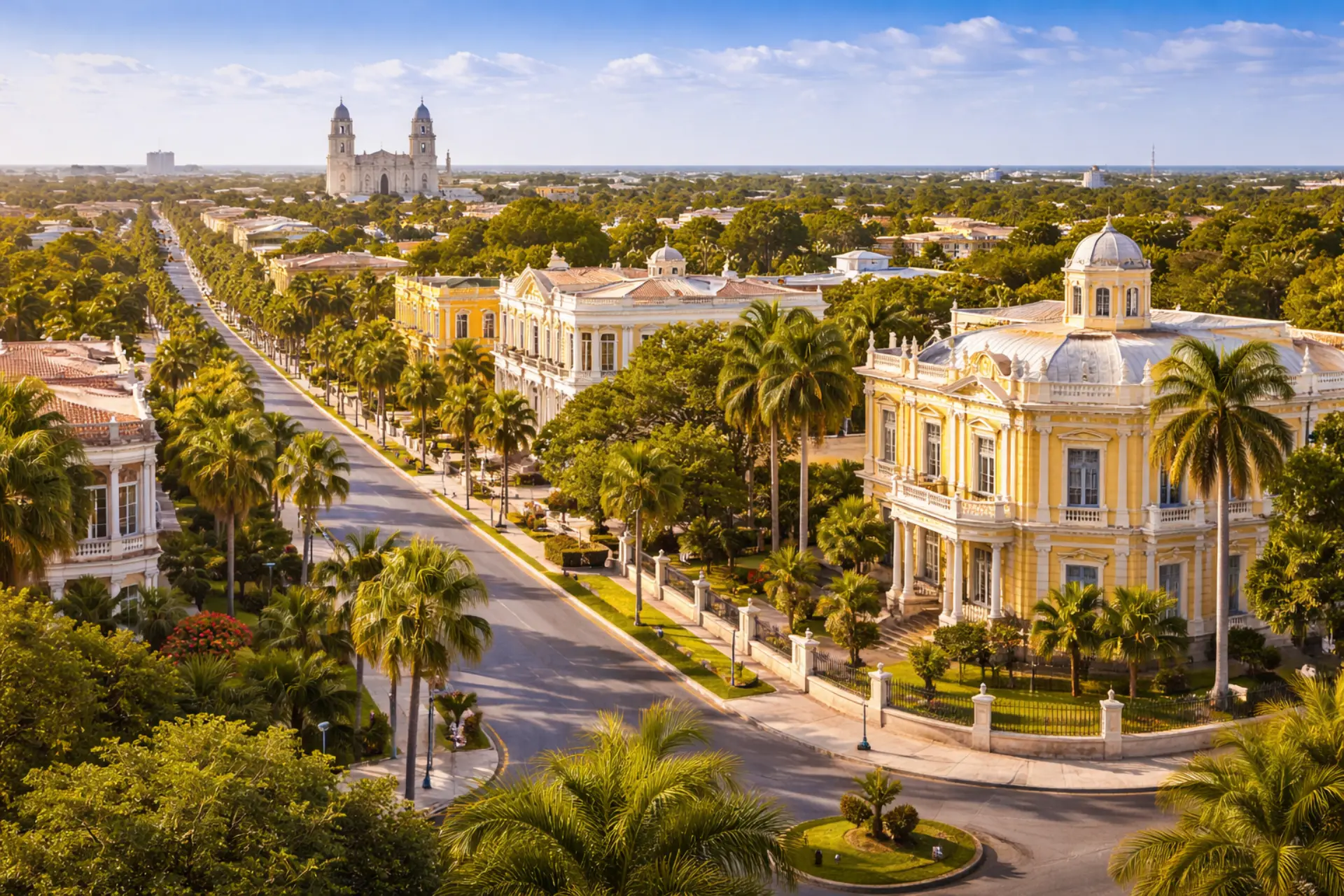 Paseo de Montejo en Mérida, Yucatán con arquitectura colonial y palmeras