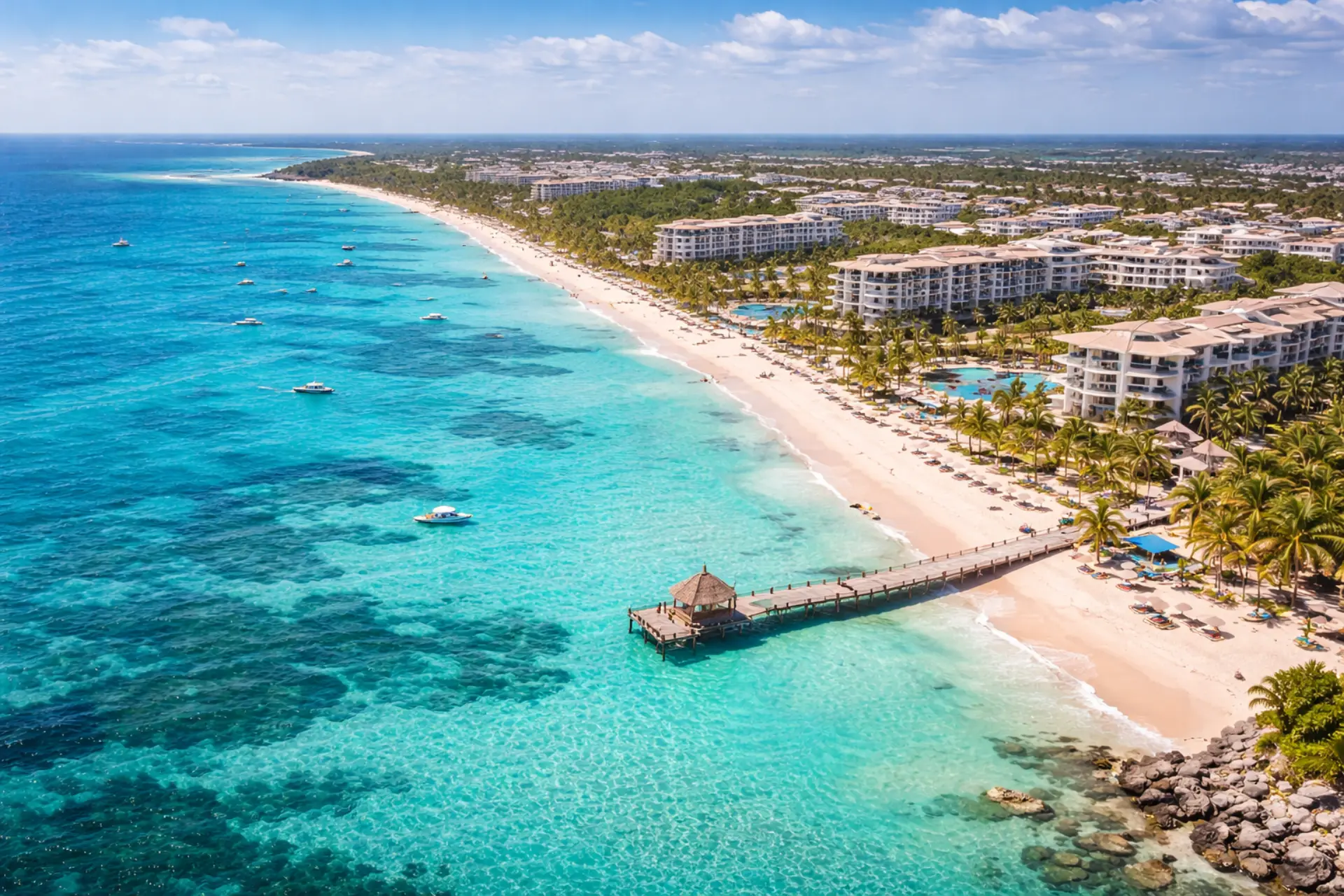 Vista aérea de Playa del Carmen con resorts frente al mar Caribe
