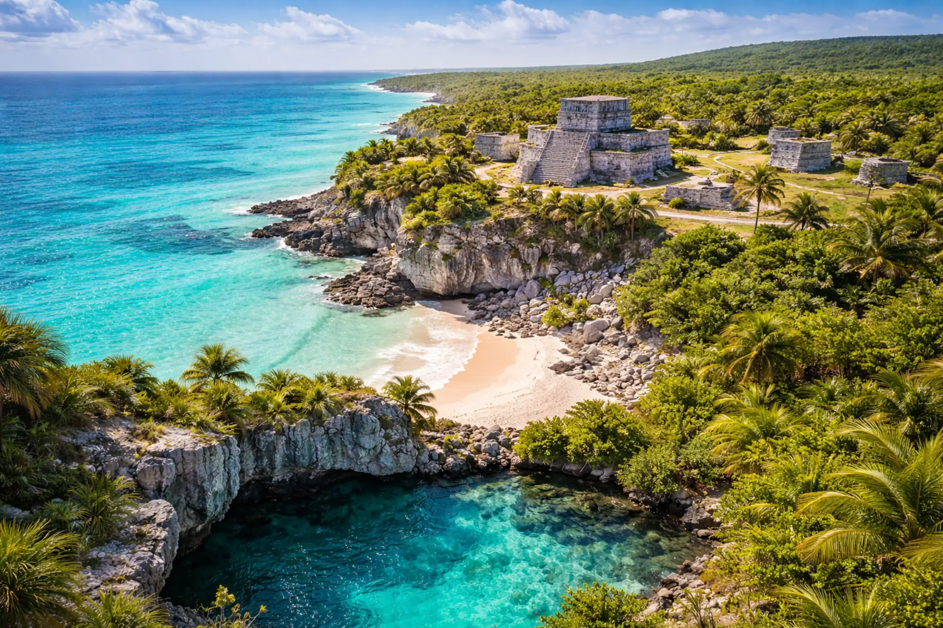 Ruinas mayas de Tulum frente al mar Caribe con vegetación tropical