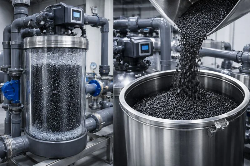 Carga de carbón activado granular en tanque de filtración para tratamiento de agua