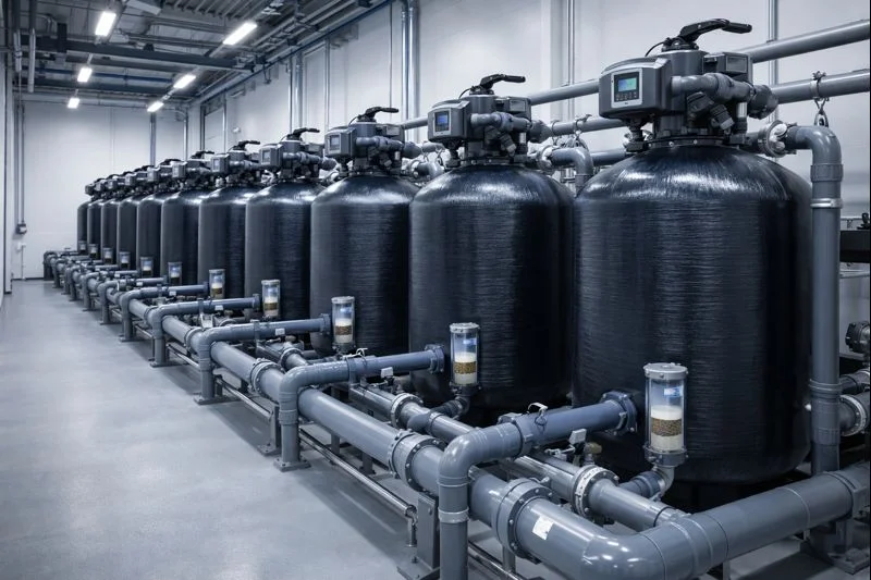 Batería de tanques de filtración multimedia industrial con válvulas automáticas