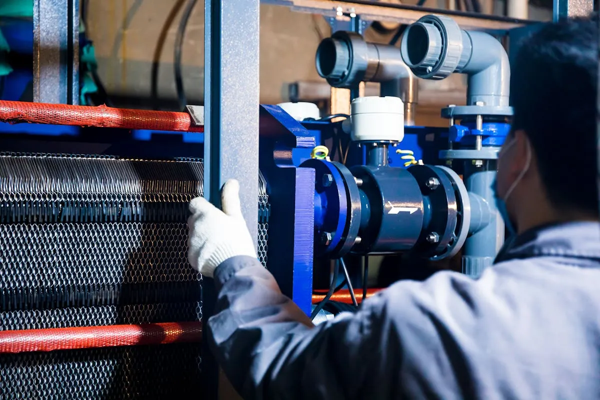 Técnico inspeccionando bomba industrial para sistema de suavización de agua