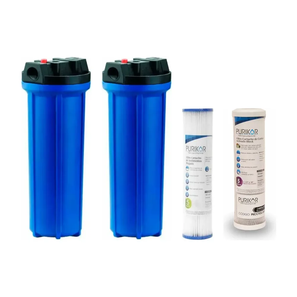 Dos portacartuchos azules de 10 pulgadas con cartucho plegado y cartucho de carbón block